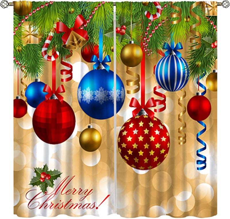 YCness Merry Xmas Curtains, Merry Christmas Ball Window Treatments for Living Room Bedroom Kitchen Holiday Party Decor, Gold Silver Glitter New Year Drapes 2 Panel Sets,42x45 Inch - Image 1